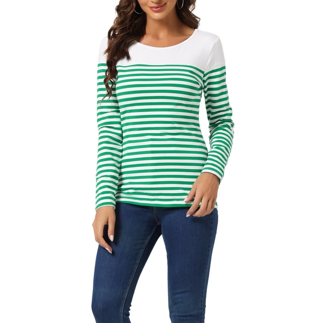 INSPIRE CHIC Blouse pour Femme à Rayures à Blocs de Couleur à Manches Longues T-Shirt Décontracté L Blanc Vert