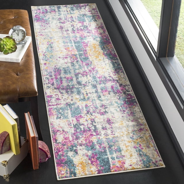 SAFAVIEH Madison Tapis Ivoire Abstrait de style Coureur Présentant un Motif Abstrait avec des Couleurs Ivoire, Sarcelle, Violet et Jaune Moutarde. Tissé Mécaniquement avec des Fils de Polypropylène Durables, Placé sur un Plancher Sombre Près d'Une Fenêtre et un ottoman en Cuir Brun avec des Livres et une Horloge, Convient à la Déco Maison Moderne et Transitionnelle et Est Souvent Utilisé comme Coureur de Couloir Stylé.