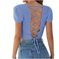 thumbnail image 4 of Square Neck Crop Tops for Women Short Sleeve Crochet Knit Going out Tops Basic Slim Cropped T Shirts, 4 of 4