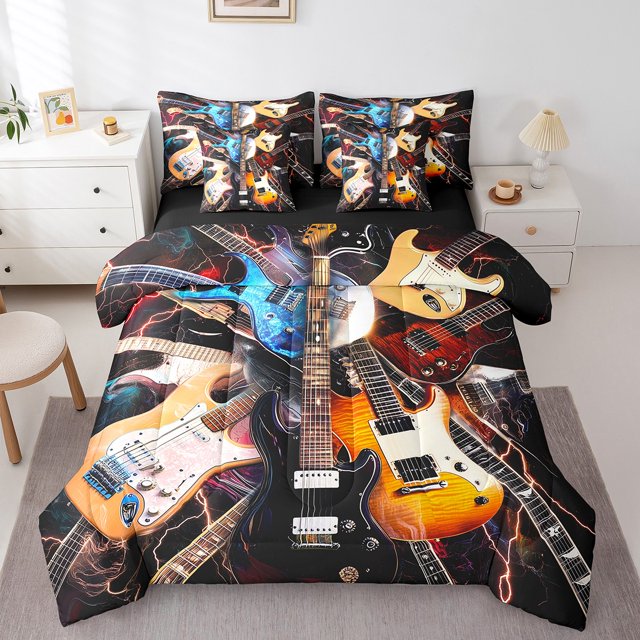 Ensemble de Literie Guitare Tout-en-un Grand Lit 7 Pcs, Ensemble de Literie Vintage Instruments de Musique Moderne Hip-Hop Notes de Musique Ensemble de Draps avec Couette, Ensemble de Lit Hippie Rock