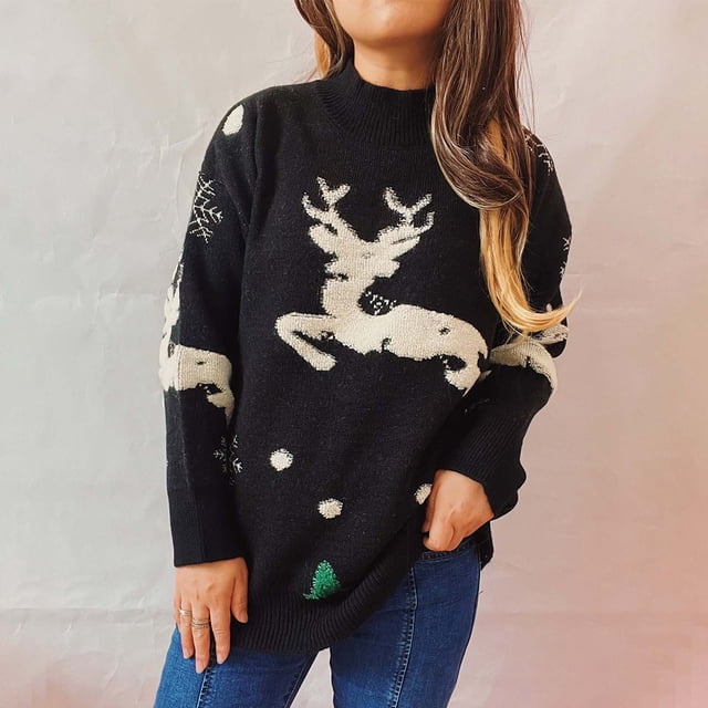 EGNMCR Chandail Col Rond pour Femmes, Chandail pour Femmes Dames Arbre de Noël Faon Manches Longues Chandail Col Rond Tricoté Chandail Femme Chandail Femme