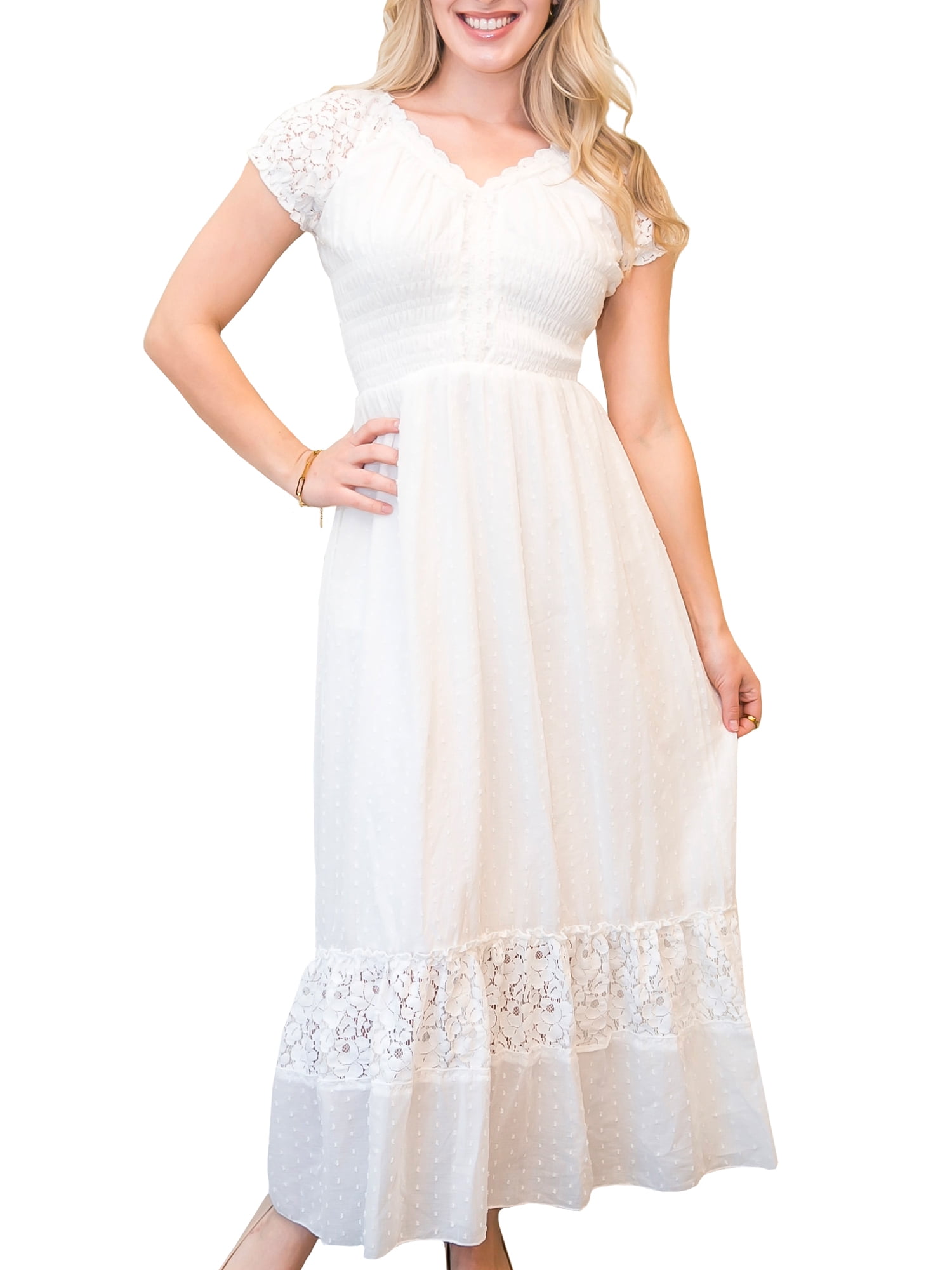 Women Renaissance Peasant Maiden Boho Inspired Cap Sleeve Lace Trim Maxi Dress, Cream, Large