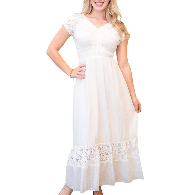 Women Renaissance Peasant Maiden Boho Inspired Cap Sleeve Lace Trim Maxi Dress, Cream, Medium