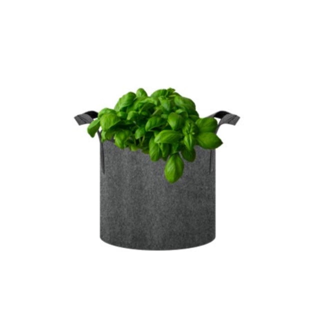 Grow Bag in dark grey fabric with handles, filled with green basil plants, ideal for growing vegetables, herbs, flowers, and shrubs on patios, balconies, or greenhouses.