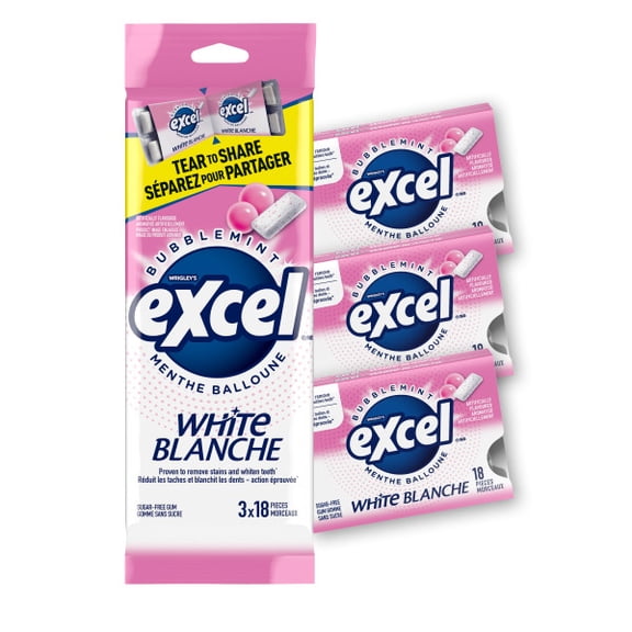 EXCEL White Bubblemint, Teeth Whitening Sugar Free Chewing Gum, 18 Pieces, 3 Packs