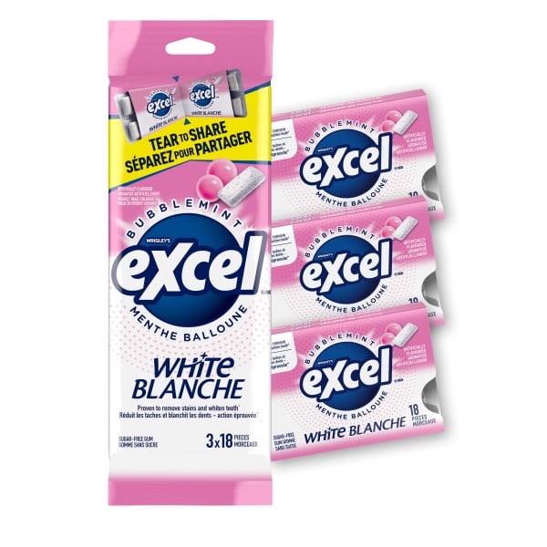 EXCEL Wht, M. bal., gomme sans sucre, blanch. dents, 18 morc., 3 emb.