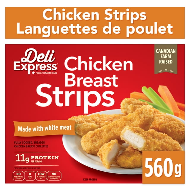 Deli Express Chicken Breast Strips package showing fully cooked, breaded chicken strips made with white meat on a white plate with carrot and celery sticks, 560g net weight, 11g protein per serving, Canadian farm raised, ideal for quick frozen meals.