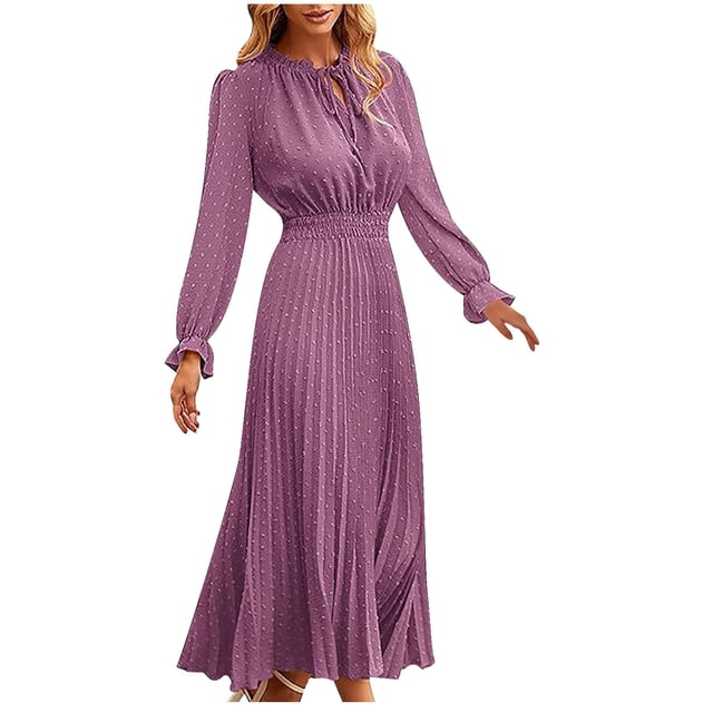 cfhntfmh Robes d'Invitée de Mariage pour Femmes Tendance à Découpes à Volants Col Ras du Cou Robe Maxi Smockée Ample Plissée Robe de Soirée