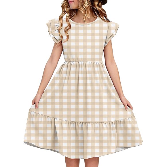 LOVZFMLL Dresses Kids Summer Double Layer Ruffle Sleeve Dress 5-14 Years