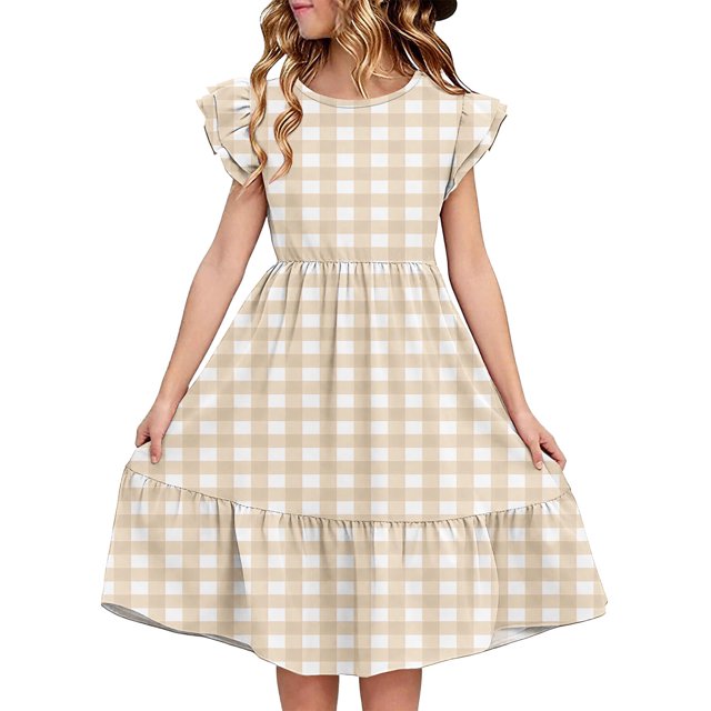 LOVZFMLL Dresses Kids Summer Double Layer Ruffle Sleeve Dress 5-14 Years