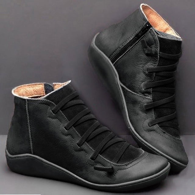 Bottes Rétro Décontractées pour Femmes en Cuir Plat à Lacets avec Fermeture Éclair Latérale Bottes Chaussures Grande Taille