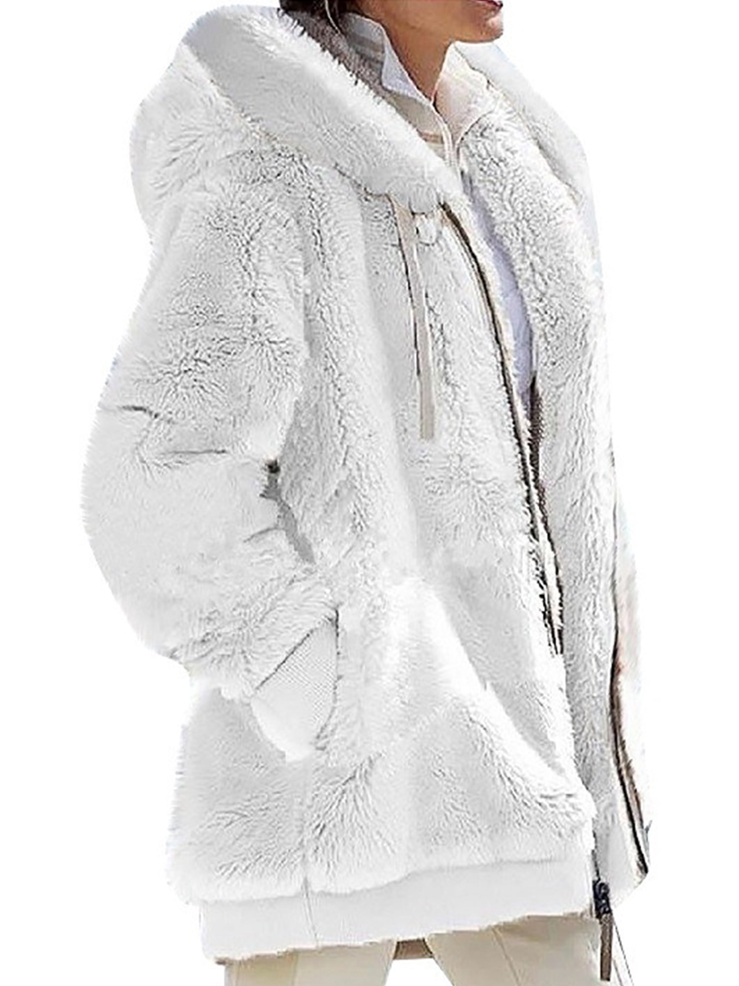 MAWCLOS Ladies Thickened Solid Color Hooded Cardigan Winter With Pockets Sherpa Coat White XL