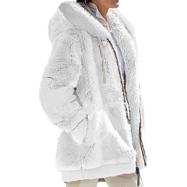 MAWCLOS Ladies Thickened Solid Color Hooded Cardigan Winter With Pockets Sherpa Coat White M