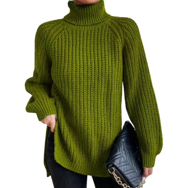 Innerwin Chandails à Col Roulé pour Femmes Chandail de Travail Manches Longues Ample Tricoté Vert Pois L