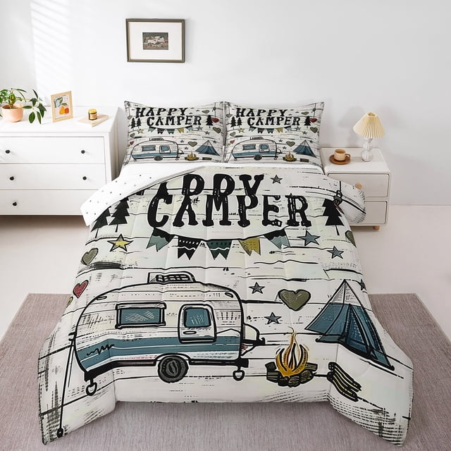 Erosebridal RV Car Comforter Sets Queen Size,Camping Adventure Bedding Queen Comforter Set,Cartoon Car Decor,Reversible,Ultra Soft,3 Pieces