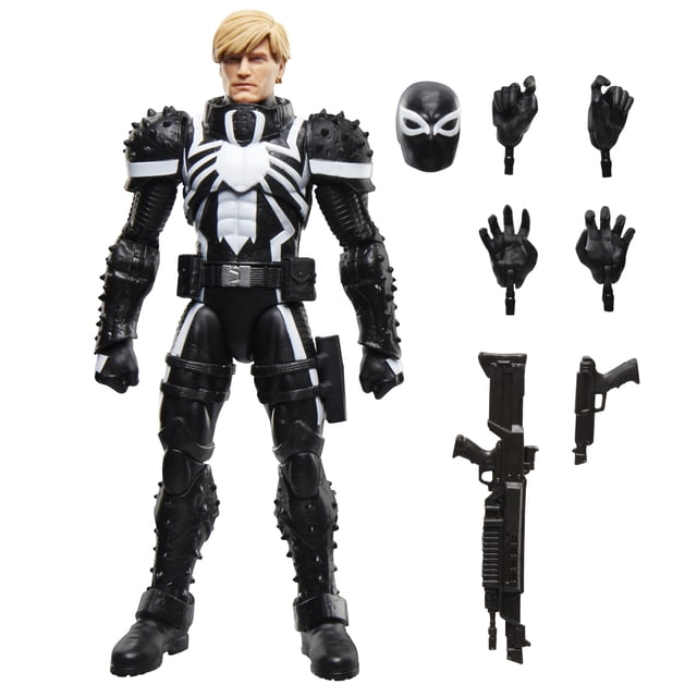 Marvel Legends Series Agent Venom (Flash Thompson) 6-inch action figure in black and white spider-themed suit with spiked armor on shoulders and legs, fully articulated with seven accessories including alternate unmasked head, four pairs of hands, and two weapons for dynamic posing and display.