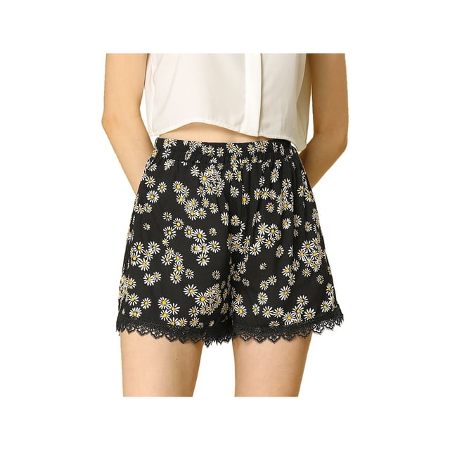 INSPIRE CHIC Women's Floral Printed Lace Trim Elastic Waist Shorts