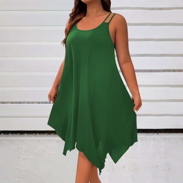 Ounisa Robe Camisole Midi Fluide Sans Manches à Encolure Dégagée et Ourlet Asymétrique pour Femme Grande Taille