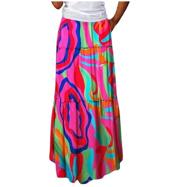 Pisexur Jupe Bohème à Fleurs pour Femme, Décontractée, Taille Haute Élastique, Jupe Maxi Bohème à Volants, Fluide, Ligne A, Longue de Plage avec Poches Latérales