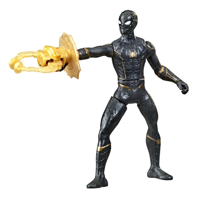 Marvel Spider-Man 6-Inch Deluxe Web Grappler Spider-Man Movie-Inspired Action Figure Toy with black and gold detailed suit and textured web pattern, posed with legs apart and arm extended holding a fixed gold-colored web grappler weapon, suitable for kids ages 4 and up.