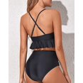 thumbnail image 3 of Women Two Piece Swimsuits High Waisted Ruffle Flounce Bikini V Neck Tummy Control Bathing Suit Solid Black (XL, 3 of 6