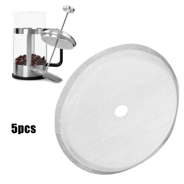 TOPINCN 5Pcs 80 Mesh Stainless Steel Filter Screen Replacement for 350ml French Press Coffee Maker. The image shows a close-up of one ultra-fine mesh filter screen with a central hole, made of durable stainless steel in silver. A French press coffee maker is displayed in the background, illustrating compatibility. The set includes five replacement screens, each measuring approximately 6.5 cm in diameter.