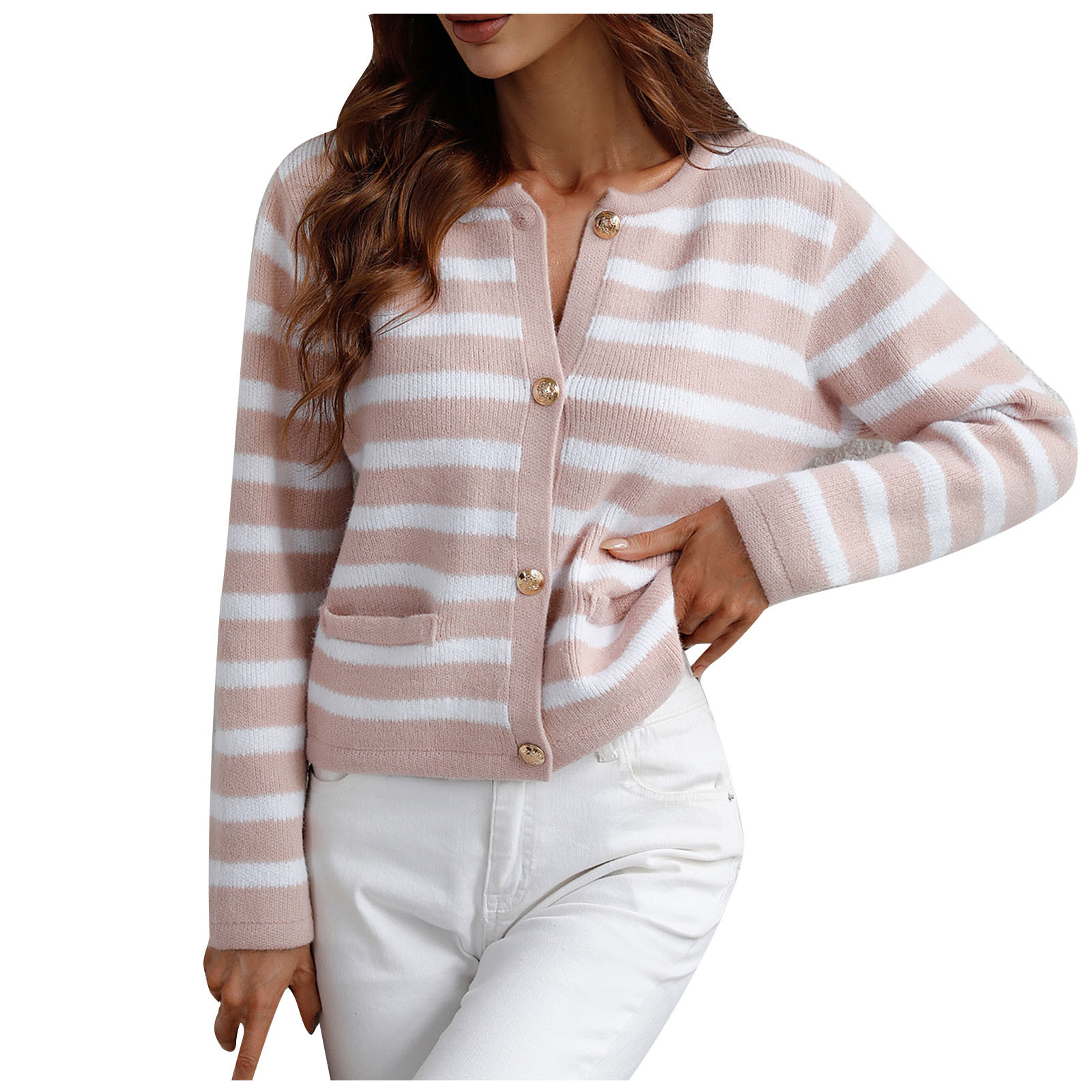 Yuyuzo Cardigans Sweater for Women Cropped Crewneck Long Sleeve Open Front Button Striped Sweater with Pockets