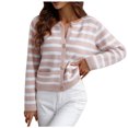 thumbnail image 1 of Yuyuzo Cardigans Chandail pour Femmes Court à Col Rond Manches Longues Ouvert à l'Avant à Boutons Chandail Rayé avec Poches, 1 of 5