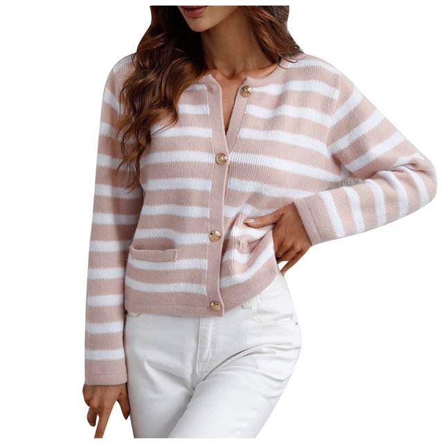 Yuyuzo Cardigans Chandail pour Femmes Court à Col Rond Manches Longues Ouvert à l'Avant à Boutons Chandail Rayé avec Poches