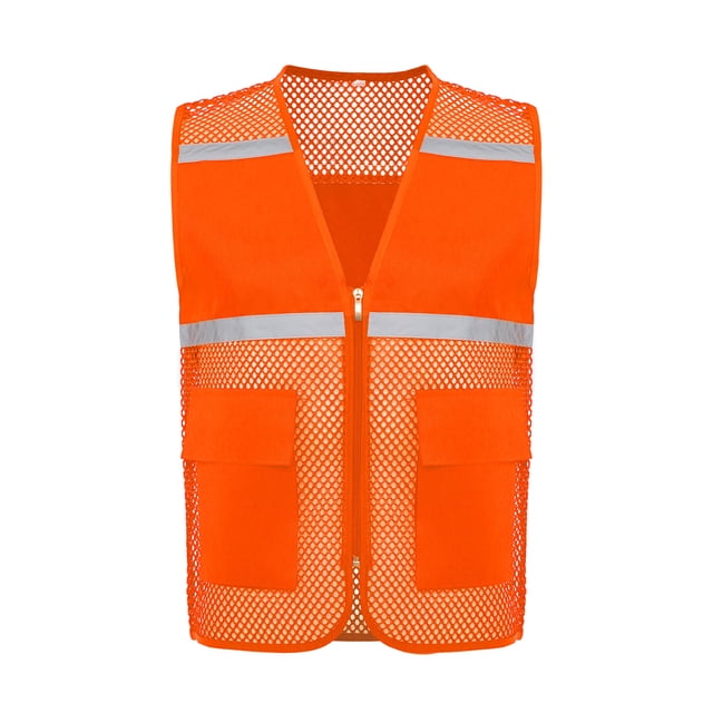 RUNQHUI Men Women Zipper High Visibility Reflective Safety Vest Construction Work Mesh Fabric Work Clothes Orange 165