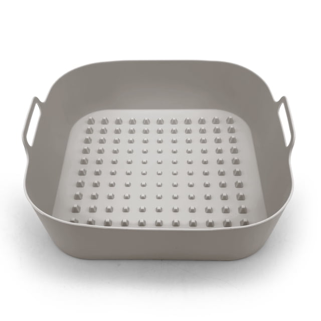 Starfrit Silicone Air Fryer Basket, rectangular grey BPA-free silicone liner with ribbed base for oil drainage and even air circulation, heat resistant to 446°F, with side handles for easy use, fits most 3-8 QT air fryers, reusable and dishwasher safe.