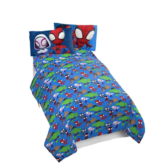 Spidey & his Amazing Friends Kids 4-Piece Full Sheet Set with blue fitted and flat sheets plus two pillowcases featuring Spider-Man, Ghost-Spider, Hulk, and other characters, made of soft 100% polyester, machine washable and suitable for kids' bedrooms.