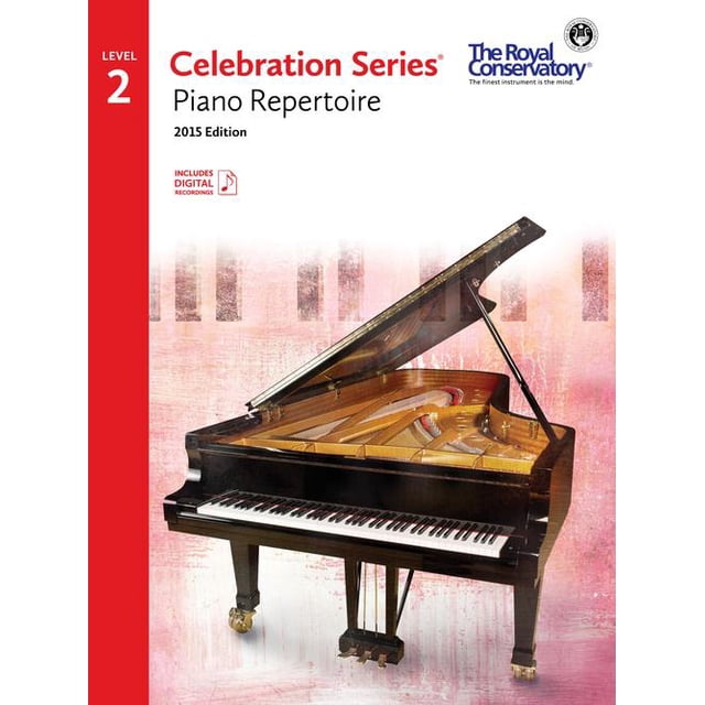 Celebration Series Répertoire de Piano Édition 2015 - Couverture de Livre Niveau 2 Présentant un grand Piano sur un Fond Texturé Rose et Blanc. Comprend des Enregistrements Numériques et Est Publié par le Royal Conservatory. Ce Livre Éducatif Contient une collection Soignée de Pièces de Piano Baroques, Classiques, Romantiques et Contemporaines Convenant aux Examens, aux Récitals et au Plaisir Personnel.