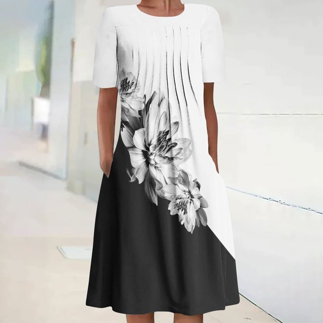 Robe Maxi pour Femmes Été Bohème à Imprimé à Manches Courtes Robe de Plage Robe Longueur Genou Robe à Manches Courtes en Liquidation