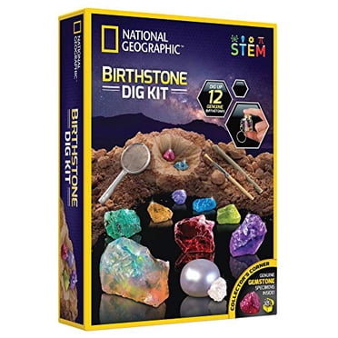 NATIONAL GEOGRAPHIC Birthstone Dig Kit - STEM Science Kit with 12 Genuine Birthstones, Includes a Real Diamond, Ruby, Sapphire, Pearl, & More, Dig Up Stunning Gemstones, Toys for Girls, Toys for Boys