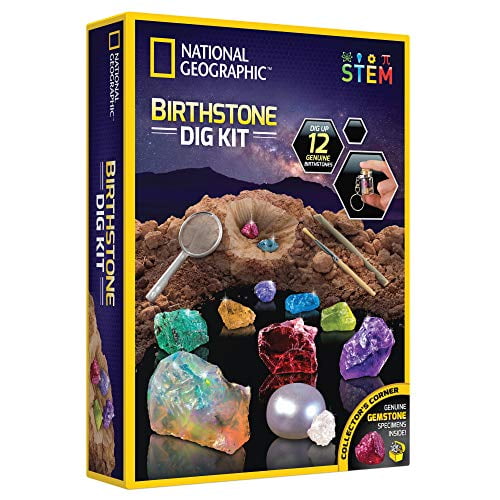 NATIONAL GEOGRAPHIC Trousse de Creusage de Pierre de Naissance - Trousse Scientifique STIM avec 12 Pierres de Naissance Authentiques, Comprend un Vrai Diamant, Rubis, Saphir, Perle et Plus, Creusez de Superbes Pierres Précieuses, Jouets pour Filles, Jouets pour Garçons