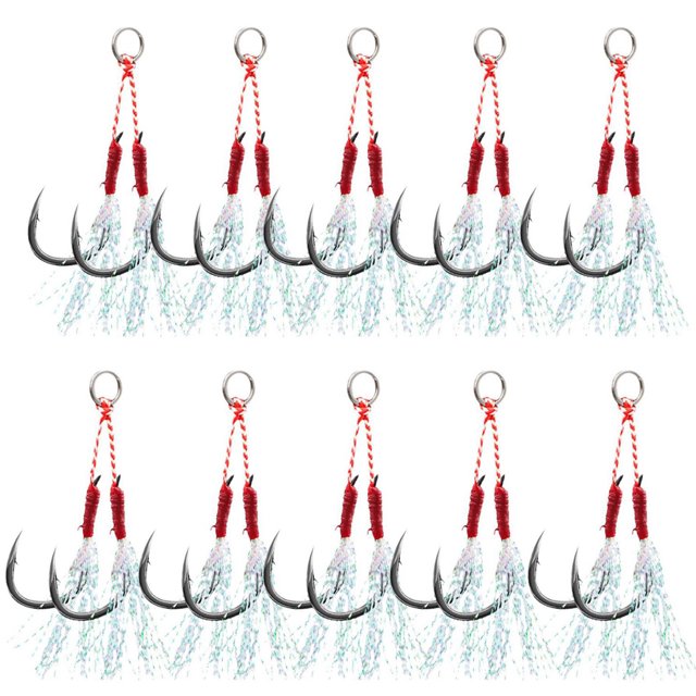 10pcs Fishing Jigging Hooks Set Barbed Carp Fishing Hook with Feather and Split Rings Sea Fishhook Fly Fishing Tackle