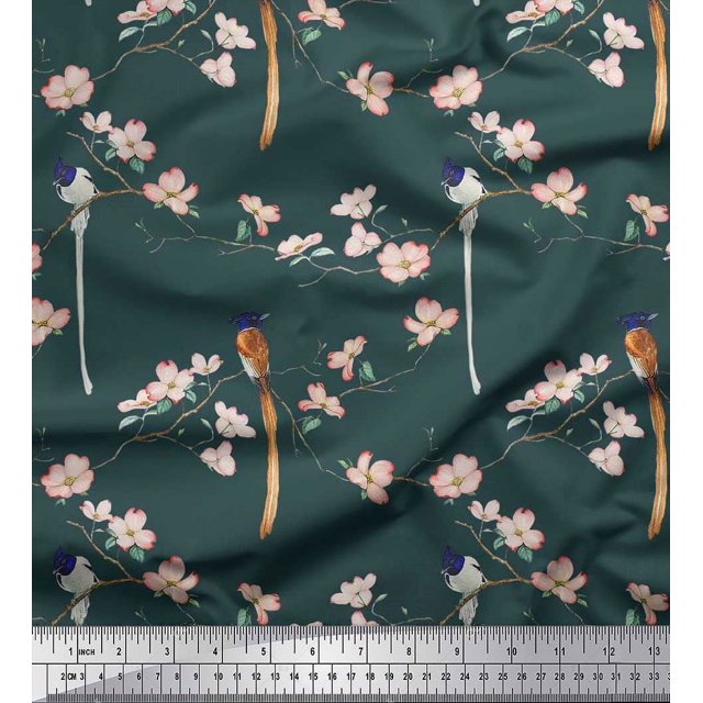 Soimoi Tissu Poly Georgette Feuilles, Floral et Paradis Moucherolle Imprimé Oiseaux Tissu au Mètre 42 Pouces de Large
