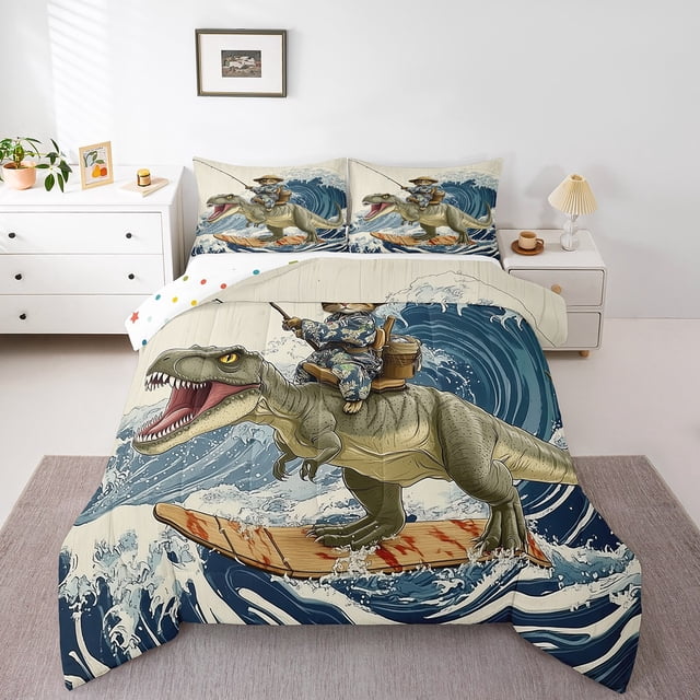Erosebridal Cat Riding Dinosaur Comforter Sets Queen Size,Japanese style Bedding Queen Comforter Set,Ocean Bedroom Decor,Reversible,Ultra Soft,3 Pieces