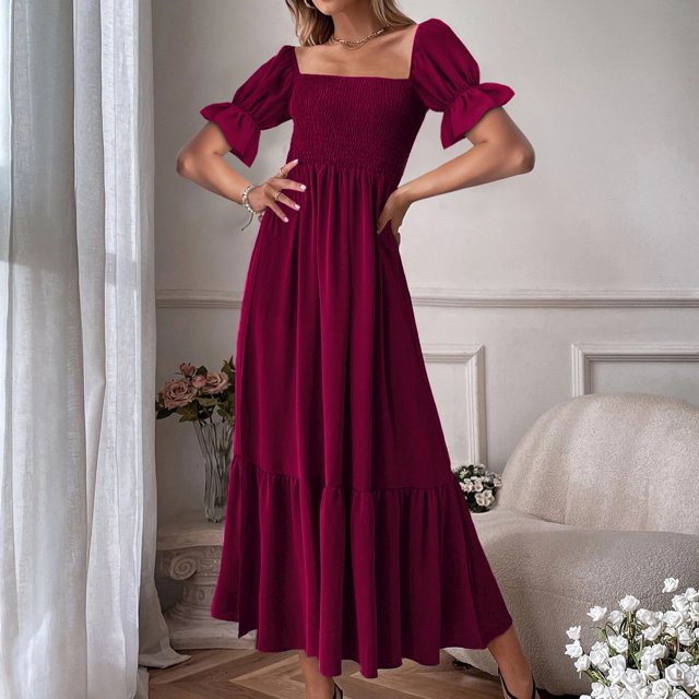 SMihono Robe Bohème d'Été pour Femmes Grande Taille Mode Décontractée d'Été Col Carré Uni Manches Courtes Femmes Robe pour Femmes Longues Robes