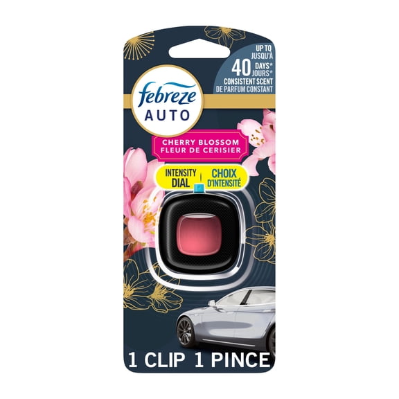 Assainisseur d’air Febreze AUTO, pince pour bouche d’air pour automobile qui combat les odeurs, parfum Fleur de cerisier, 1 unité
