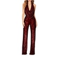 thumbnail image 4 of Babysbule Combinaison de Fête à Paillettes pour Femmes, Couleur Unie, à Manches Courtes, Combinaison Décontractée, Salopette, Pantalon, 4 of 7