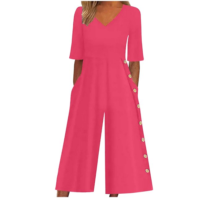 Yuyuzo Womens Wide Leg Jumpsuits Short Sleeve V Neck Casual Loose Comfy Button Split Rompers with Pockets