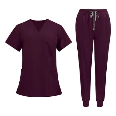 Bunblic Uniformes d'Infirmière Ensemble de Sarrau Haut et Pantalon Tenue de Travail pour Toilettage d'Animaux SPA S Rouge Foncé S