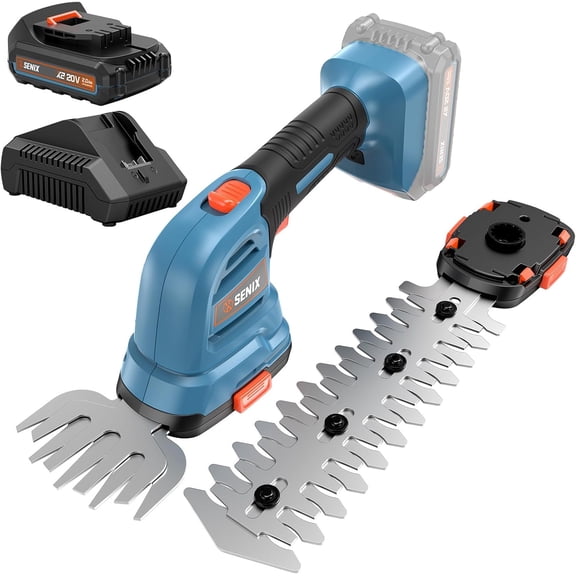SENIX GSX2-M 8" 20V Battery Powered 2-in-1 Grass Shear and Hedge Trimmer, Dual-Action, with 2.0Ah Battery and Charger Included, Cordless