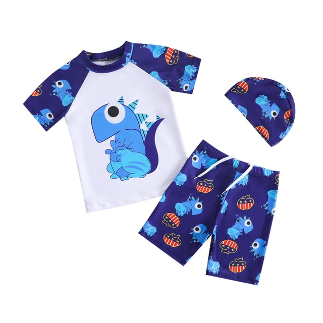 MIASHUI Boys 3 Piece Swimwear Cartoon Print Bathing Suits Tops and Trunks Set with Hat,White,5-6 Years