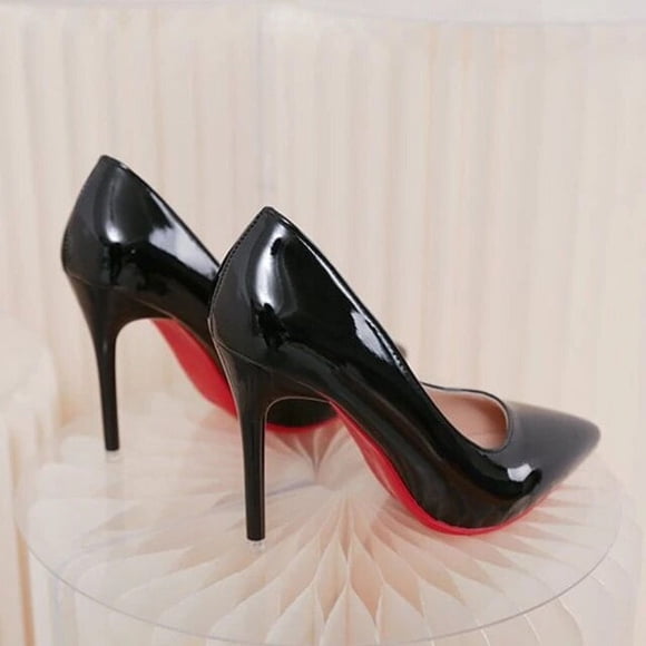 Sexy Black Bed High Heels For Women 10cm Stiletto Pointed Toe Nude Pumps Red Shinny Bottom Ladies Nightclub Prom Party Shoes 43