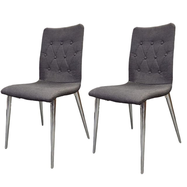 KORSA CHAIR SET OF 2 - Grey velvet dining and accent chairs with button tufted backrests and polished chrome legs, measuring 35 inches high, suitable for compact dining spaces and often used as stylish seating for home offices.