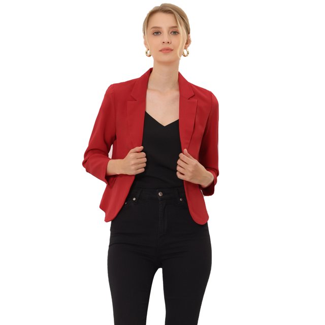 INSPIRE CHIC Blazer pour Femme à devant Ouvert Veste de Tailleur Courte d'Été pour le Travail Rouge-Uni TG