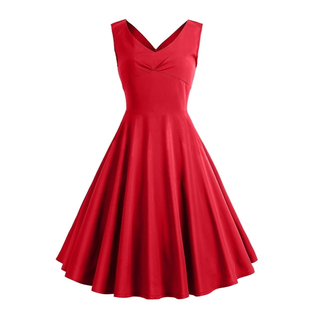 Pompotops Robe d'Été Sans Manches Sexy Col en V Vintage Unie pour Femmes